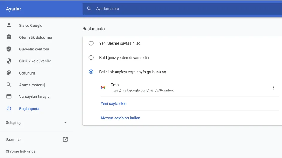 Chrome tarayıcı ayarlar penceresinde, Başlangıçta seçenekler menüsü gösteriliyor.