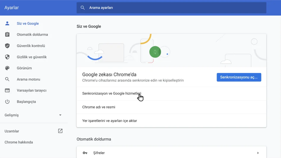Chrome tarayıcı ayarlar penceresinde, Siz ve Google seçenekler menüsü gösteriliyor.