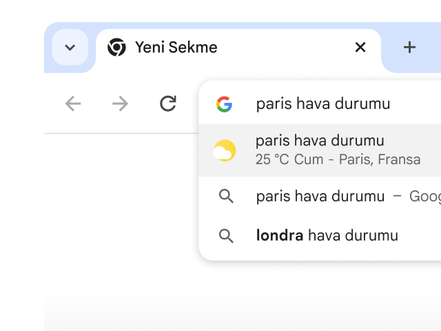 Bir kullanıcı, Chrome'un adres çubuğuna 'Paris'te hava durumu' yazdıktan hemen sonra sonuçlar döndürülüyor.